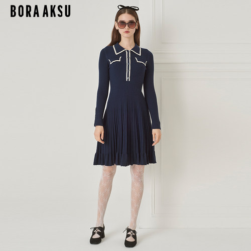BORAAKSU翻领褶裥羊毛连衣裙