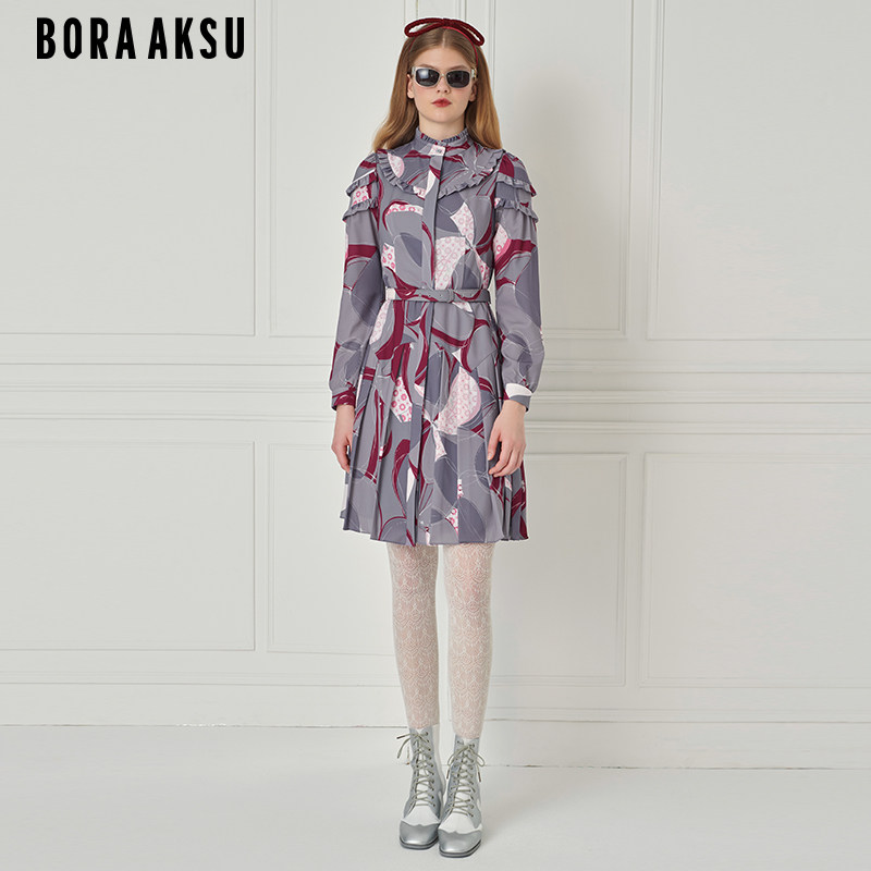 BORAAKSU2026秋季新品立领木耳边泡泡袖抽象印花连衣裙B1EHW63320