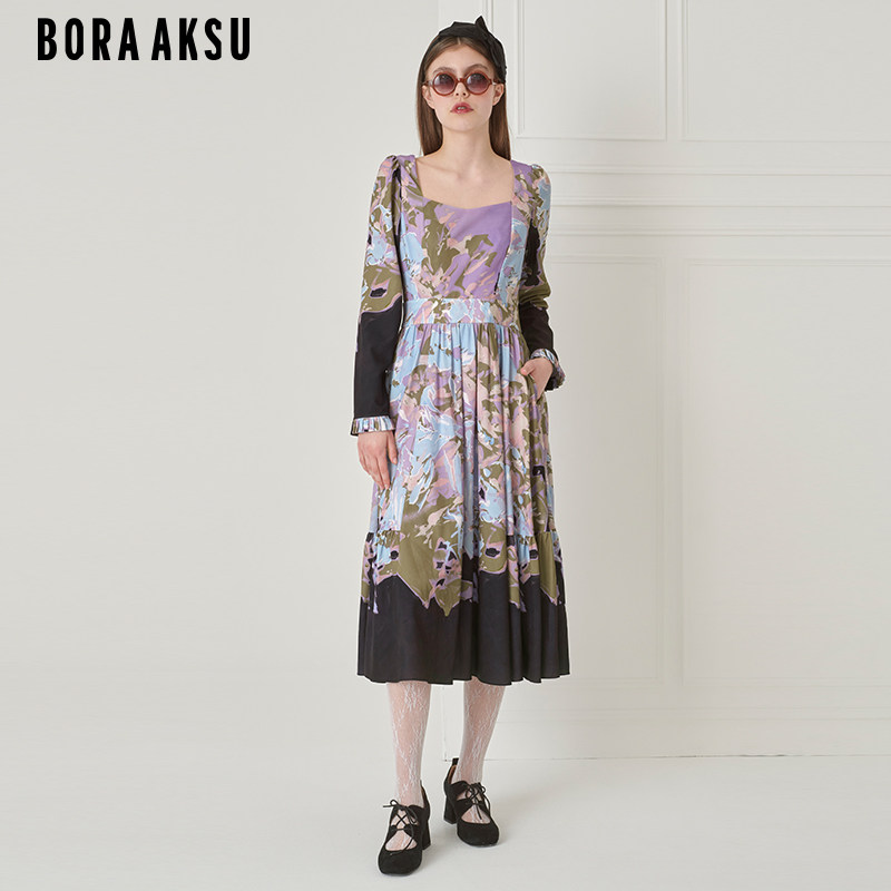 BORAAKSU2023初冬新品法式复古钻石领褶裥印花连衣裙B1DHW62300