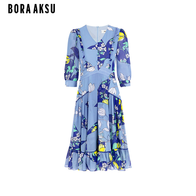 BORAAKSU2023春季新品泡泡袖蓝调木兰印花荷叶边连衣裙B1DBW63310