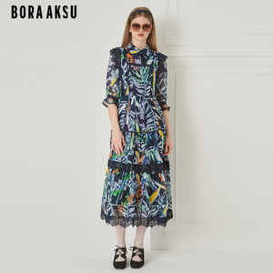 BORAAKSU夏季泡泡袖蕾丝花边手绘印花连衣裙长B1DFW61870