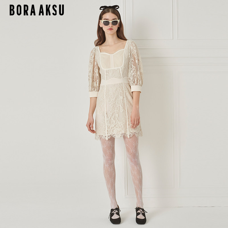 BORAAKSU2023夏季新品法式复古泡泡袖钻石领蕾丝连衣裙B1DFW61440