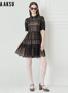 BORAAKSU2023春季新黑色泡泡袖浪漫镂空蕾丝短袖连衣裙B1DBW63170