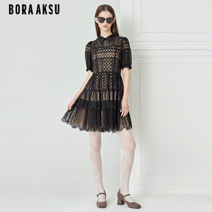 连衣裙B1DBW63170 浪漫镂空蕾丝短袖 BORAAKSU2023春季 新黑色泡泡袖