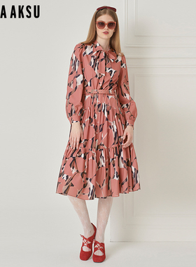 BORAAKSU2023冬季新品泡泡袖蝴蝶结领褶裥印花连衣裙B1DHW62930