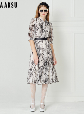 BORAAKSU2023夏季新品法式泡泡袖黑白印花百褶连衣裙B1DDW64640