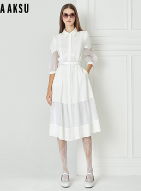 BORAAKSU2023早春新醋酸拼接桑蚕丝网纱坠感衬衫连衣裙B1DBW62350