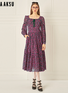 BORAAKSU2024早春新品复古泡泡袖方领花边印花连衣裙B1EAW61130