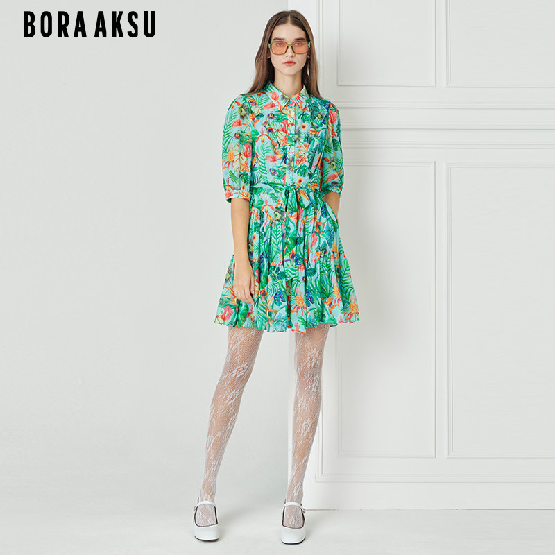 BORAAKSU2023初夏新品衬衫式蓝绿热带印花褶裥连衣裙B1DBW62570