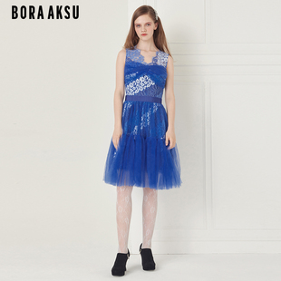 BORAAKSU2022早秋新渐变蓝无袖蕾丝网纱拼接蓬蓬连衣裙B1CFW61220