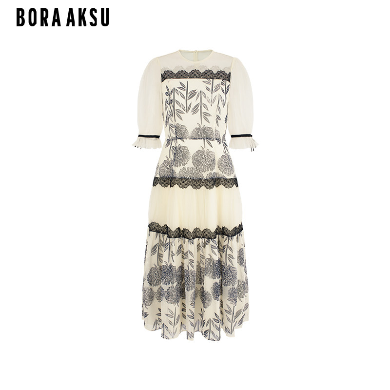 BORAAKSU2025初夏浪漫薄纱杏底黑色大丽菊印花连衣裙B1FCW61550