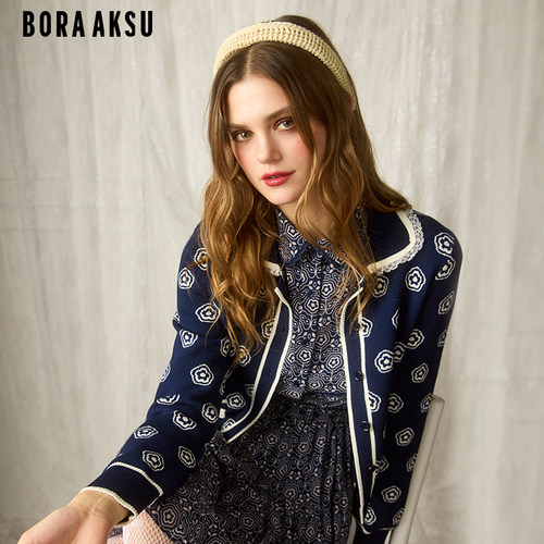 BORAAKSU翻领拼色提花针织开衫