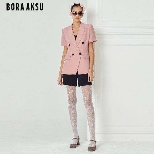 BORAAKSU双排扣短袖雾粉西服外套