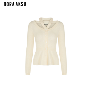 BORAAKSU2024秋季 法式 镂空领荷叶下摆收腰针织开衫 B1EGW08030 新品