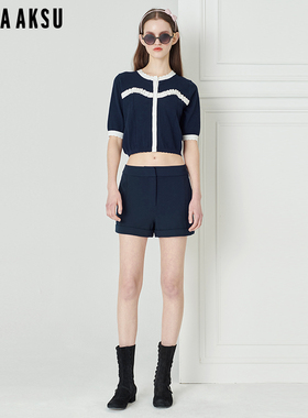 BORAAKSU2023夏季新品蓝白拼色荷叶边五分袖针织开衫B1DDW08480