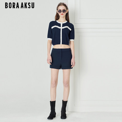 BORAAKSU蓝白拼色五分袖针织开衫