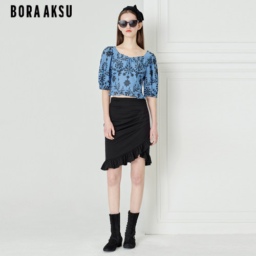 BORAAKSU2雾蓝镂空刺绣花朵上衣