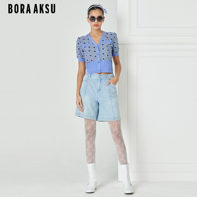 BORAAKSU初夏新品甜美V领浅蓝提花短袖针织开衫薄上衣B1DCW08760