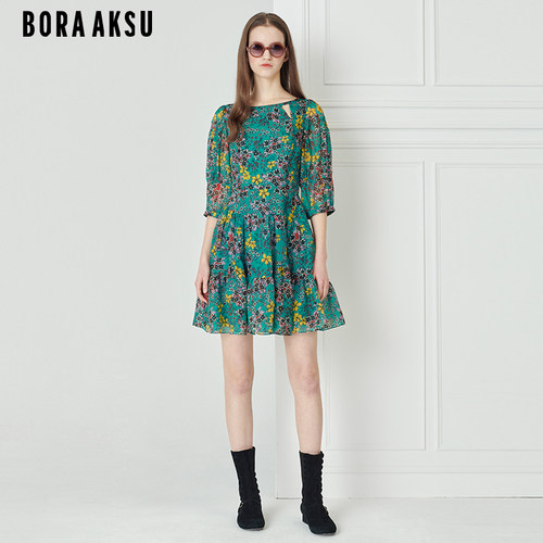 BORAAKSU桑蚕丝泡泡袖碎花连衣裙