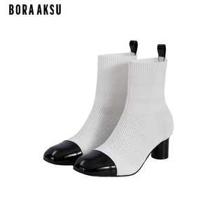 BORAAKSU2023初夏新品 小香风圆头漆皮黑白拼接高跟女靴B8DAWSB002