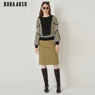 BORAAKSU2023秋季 花边装 饰泡泡袖 针梭配印花上衣B1DHW26280 新品