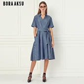 牛仔蓝收腰蝴蝶结连衣裙B1CCW63040 新款 商场同款 BORAAKSU2022夏季