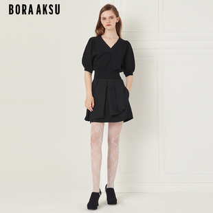 商场同款 百搭黑醋纤褶裥A字半裙B1CFW70010 BORAAKSU2022早秋新款