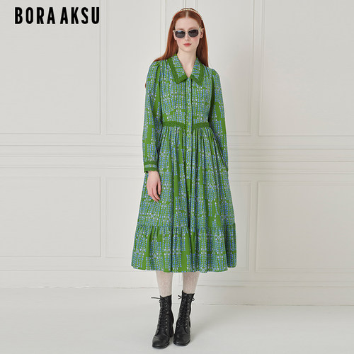 BORAAKSU翻领褶裥印花连衣裙