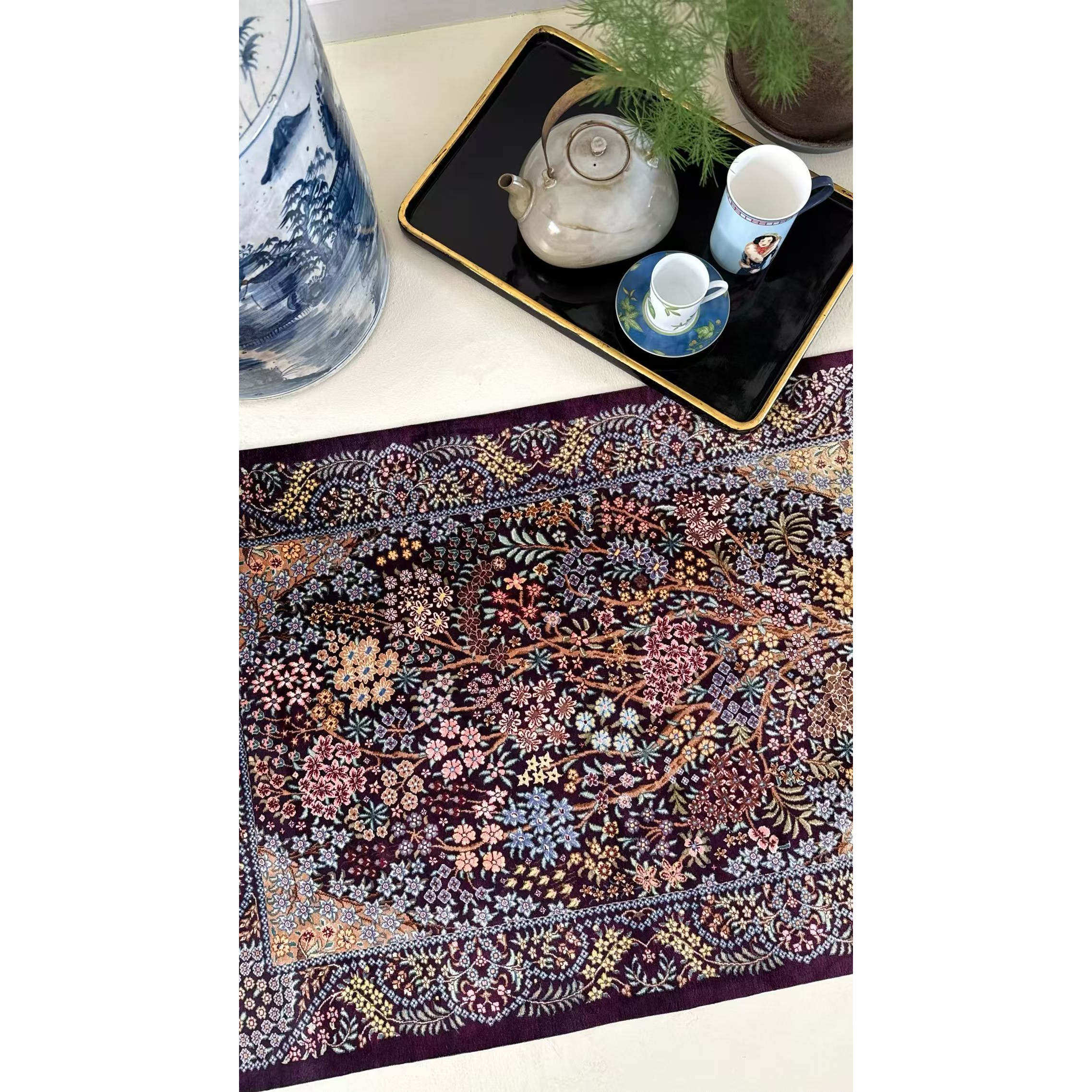 WOVENTALES天织中东进口手工真丝波斯Qum地毯90x60