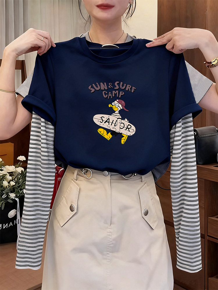 2025秋季流行款条纹拼色假两件纯棉长袖t恤女小众高级设计感上衣