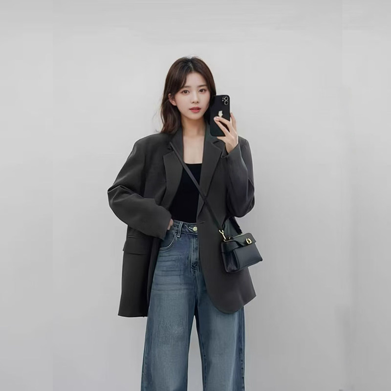灰色小西装外套女2025春秋季高级感oversize宽松垫肩廓版休闲西服
