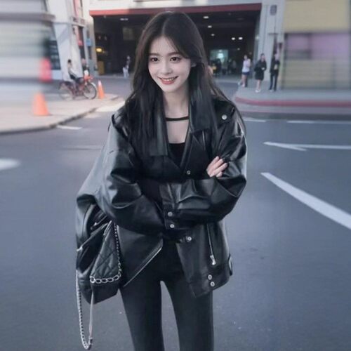 美拉德皮衣外套女秋冬女装机车短款黑色爆款加棉加厚皮夹克小个子