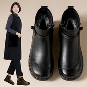 加绒保暖平底中老年女士皮鞋 冬季 真皮牛筋底妈妈短靴女鞋 防滑软底