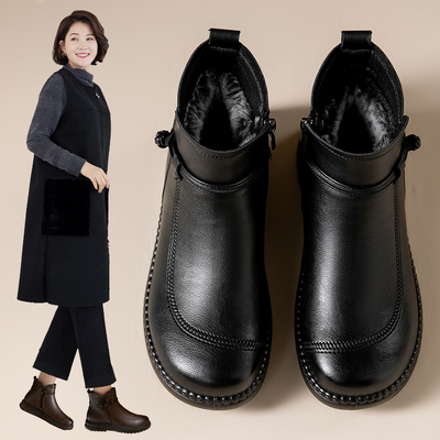 冬季真皮牛筋底妈妈短靴女鞋