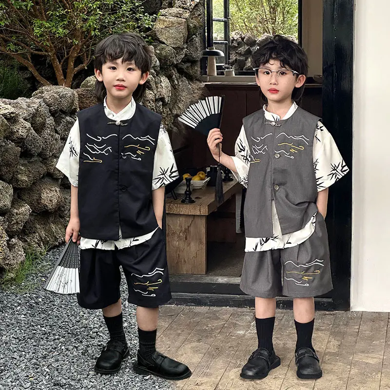 男童夏季汉服短袖衬衫马甲短裤三件套儿童中式浮云刺绣童装套装薄