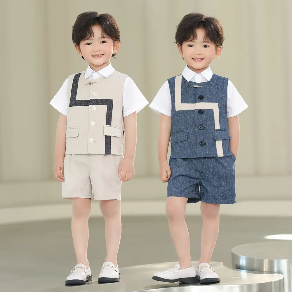 男童西装礼服英伦绅士花童演出服夏款中小童周岁潮流马甲短裤套装