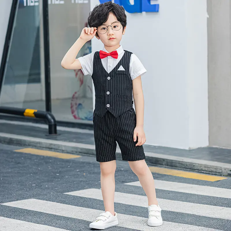 春夏季童装男童短袖短裤西装礼服套装儿童条纹两件套婚礼主持人服