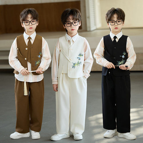 新款儿童新中式国风中小童刺绣马甲套装帅气钢琴主持演出服礼服