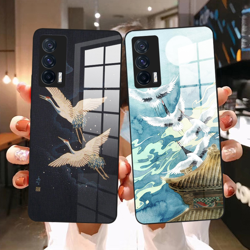 仙鹤插画适用于IQOO手机壳9 9pro 8 7 neo5 neo5s neo3 z5 z3中国风复古和风浮世绘女全包镜头玻璃保护壳vivo