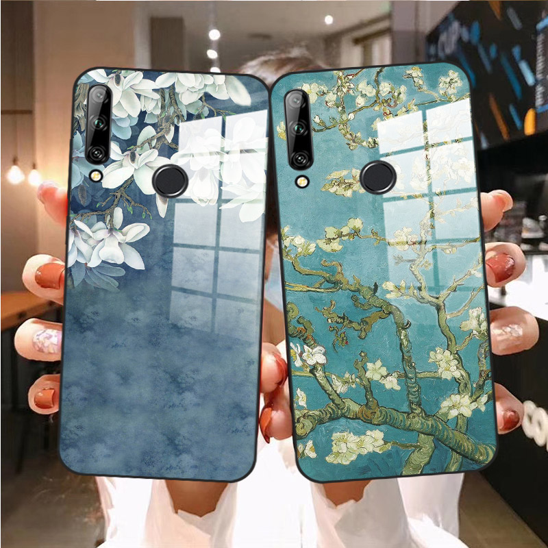 复古花朵适用于华为荣耀x10 9x9xpro 8x玻璃手机壳畅享10plus 10s 10e梵高油画杏花女文艺白兰花高档全包防摔