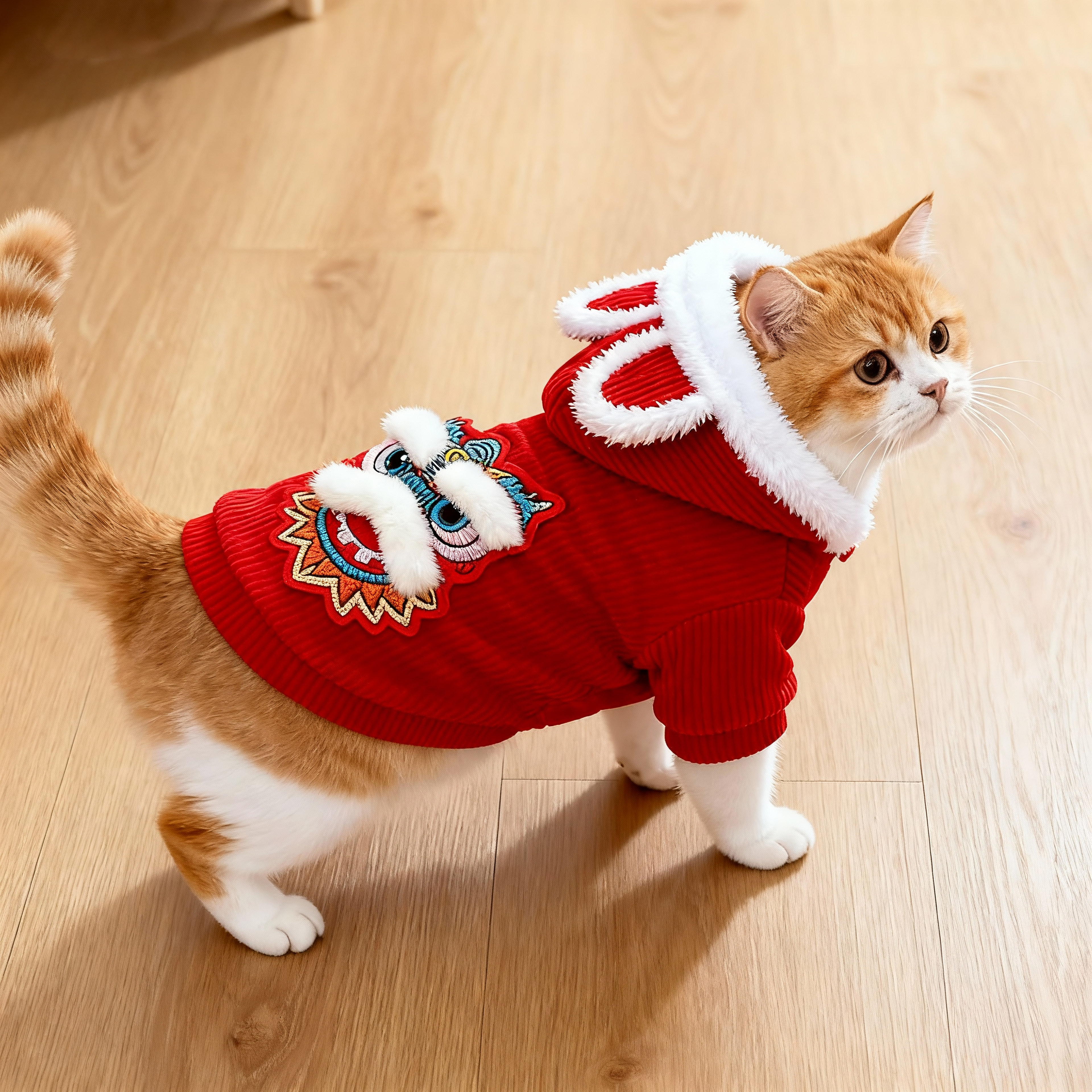 猫咪红色舞狮连帽宠物加绒保暖衣