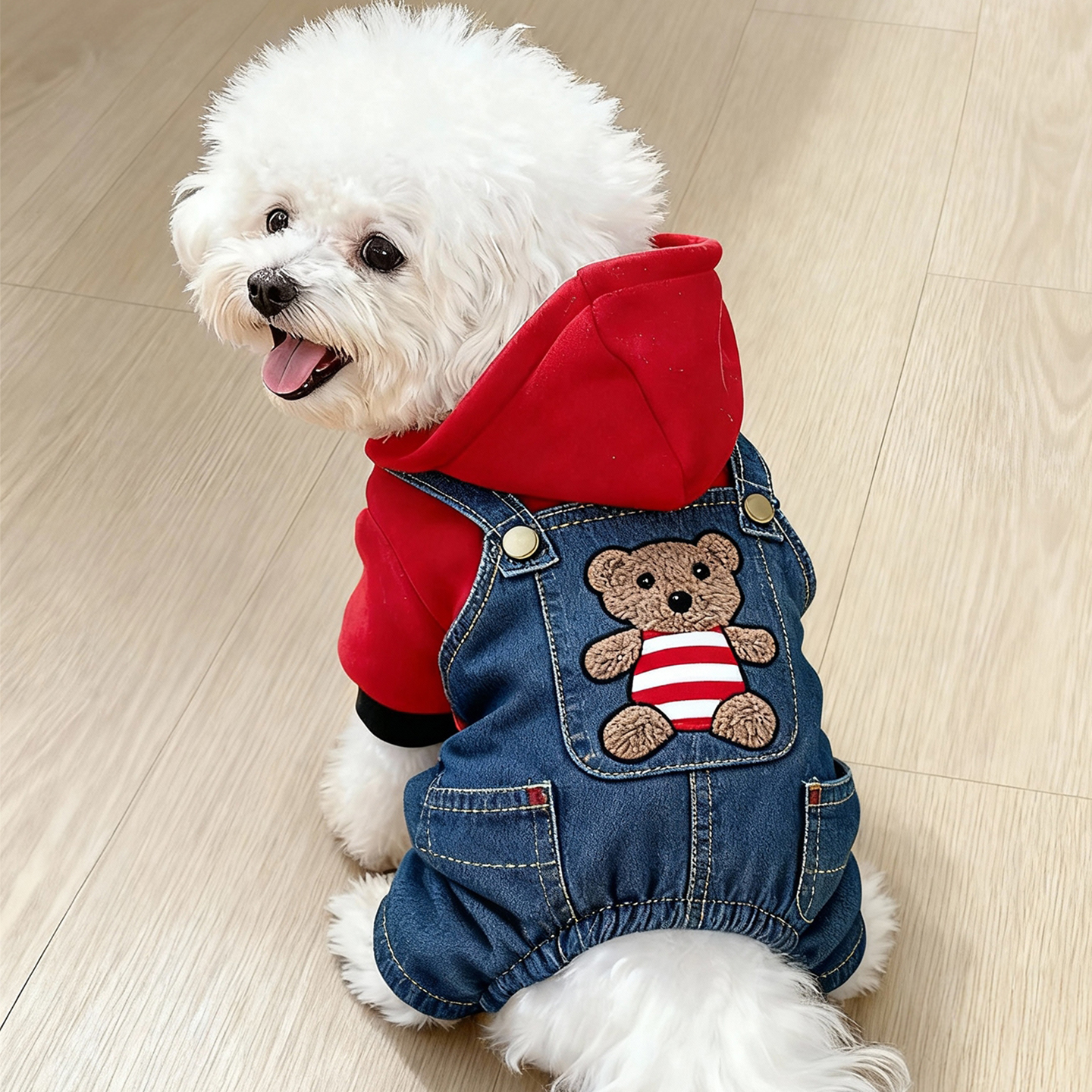 狗狗衣服秋冬装牛仔拼接背带连帽