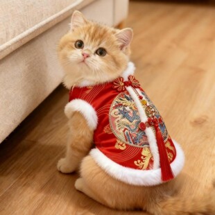 猫咪新年唐装冬季加厚保暖宠物衣服刺绣新年喜庆马甲狗狗毛绒背心