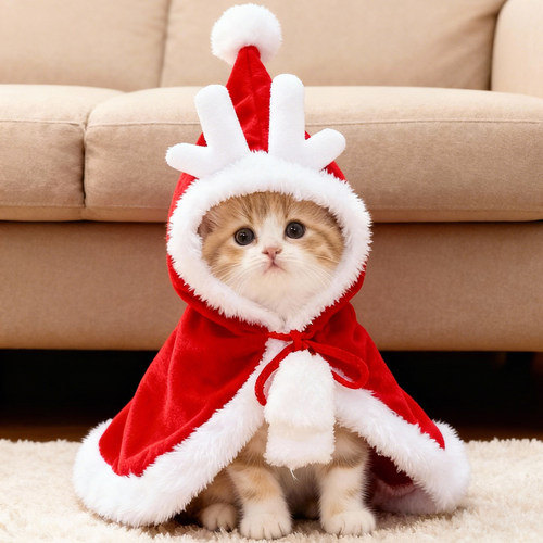 圣诞节猫咪服装连帽小鹿角斗篷