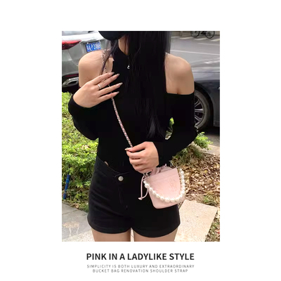 mlb水粉色桶包手提链包带改造