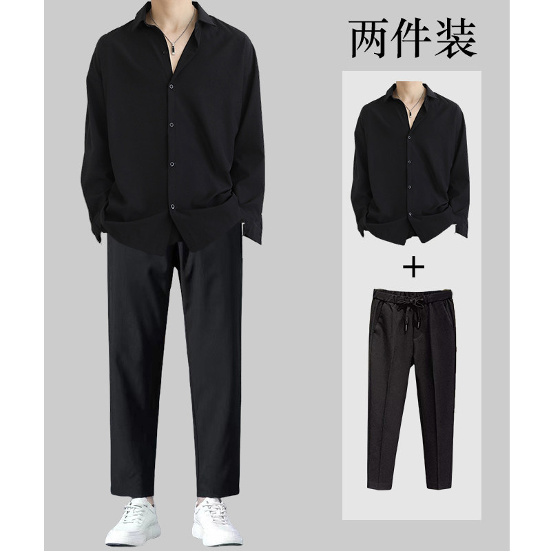 新款男士冰丝休闲套装黑色衬衫搭配休闲裤两件套潮流帅气男装一套