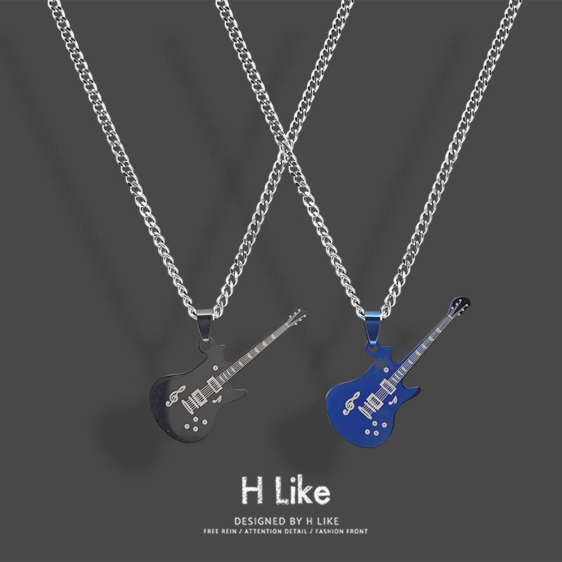 黑蓝吉他钛钢蛇骨链男女项链吊坠