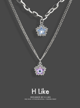 水钻蓝紫雪花银色双层锁骨链个性