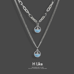 圆牌吊坠双层链条项链女蓝色小船吊坠轻奢个性锁骨链简约银色帆船