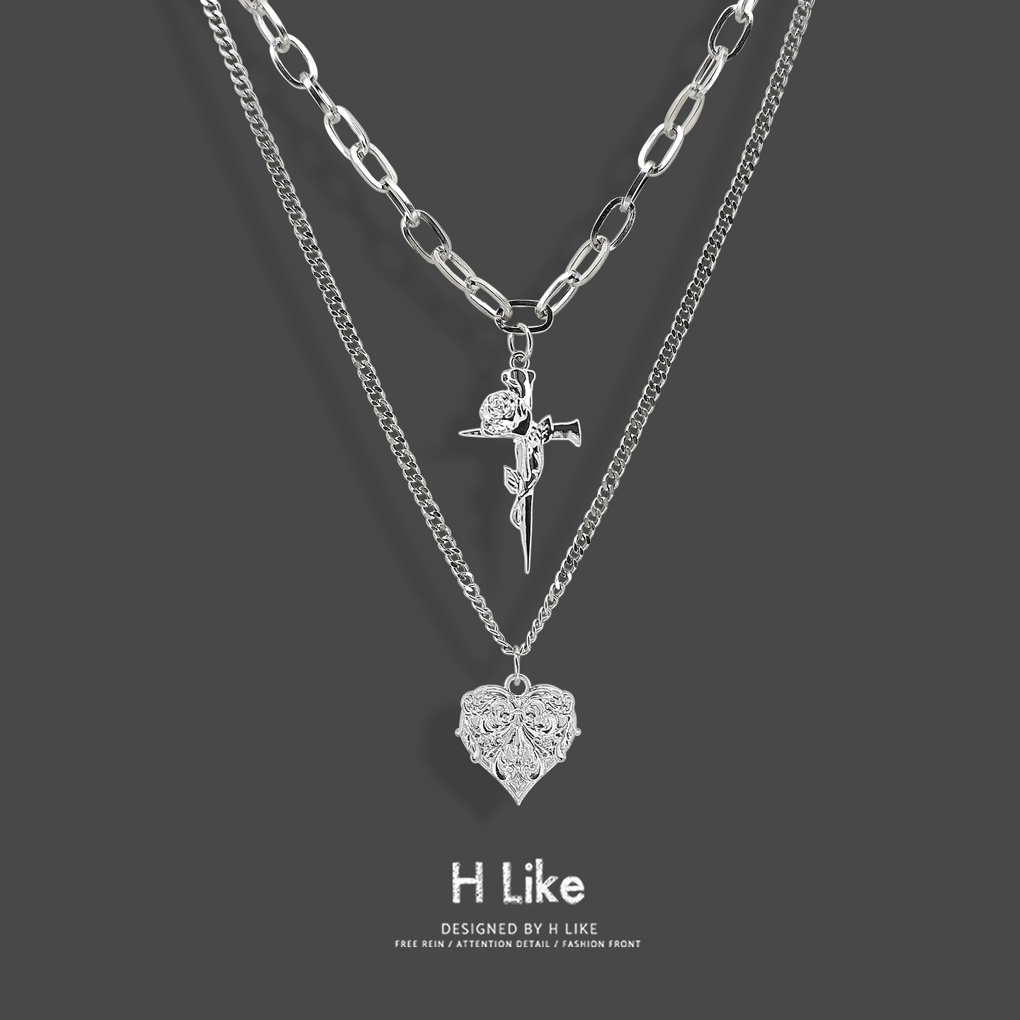 小众设计感双层项链女金属链条爱心十字架吊坠个性饰品银色时尚新,饰品/流行首饰/时尚饰品新,项链,淘宝优惠券,粉丝福利购,淘宝优惠卷